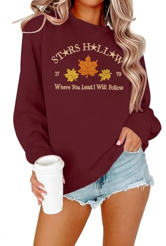 MYHALF Damen-Sweatshirt mit Sternenmuster, Blatt-Grafik, langärmelig, Rundhalsausschnitt, überschnittene Schultern, Pullover Tops