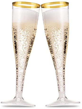 Munfix 80 Pack Gold Rimmed Plastic Champagne Flutes 5 Oz Clear Plastic Toasting Glasses Fancy Disposable Wedding Party Cocktail Cups with Gold Rim