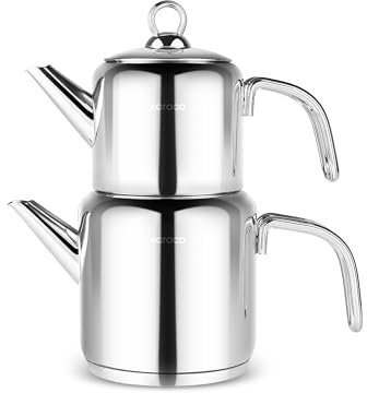 Karaca New Mani Turkish Teapot Set - Stainless Steel Teapot with Lid - (Turkish Tea Pot 1 Liters & Water Tank 2 Liters) - Midi Tea Maker & Induction Tea Kettle, Silver