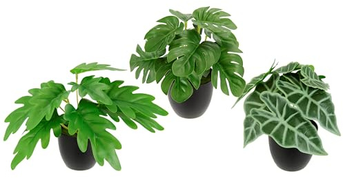 Flair Flower Lot de 3 Mini Plantes en Pot Monstera - Plantes artificielles en Pot - Plantes en Pot - Plantes d'intérieur - Fleurs artificielles - Décoration en Soie