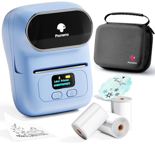 Phomemo M110 Etikettendrucker mit 3 Etikettenrollen und 1 Tasche | Bluetooth Etikettendrucker Selbstklebend für Barcode, Einzelhandel, Unternehmen, Schule, Heim, Büro, mit Handys & PC, Blue