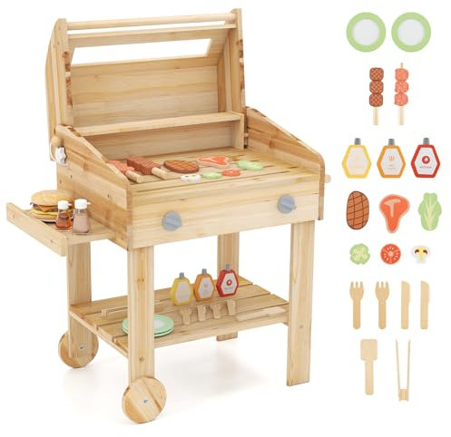 GOPLUS Kindergrill aus Holz, Kinder BBQ Grill Spielset mit Spielzeugessen, Grillwerkzeugen und Gewürzflaschen, Indoor-Outdoor Küchen-Rollenspielset für Kinder ab 3 Jahren