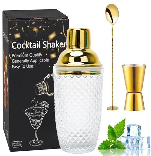 Gohytal Cocktail Shaker, 385ML Shaker Glas, Glas Cocktailshaker, Klarglas Gold Cocktail Shaker Mixer Set mit Edelstahl Lecksicher Messbecher-Deckel