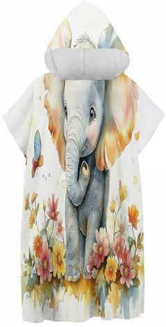 CDXNORA Badeponcho Damen & Herren Mit Kapuze,Süße Tiere Surf Poncho Erwachsene Mikrofaser Changing Robe Handtuch Poncho, Schnelltrocknend & Kompak- 75 X 110 cm,Elefantenblumen