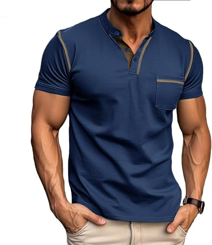 Tee Shirt Homme Coton Henley T-Shirts à Manches Courtes Col Tunisien et Boutons Basic Tee Légére Top pour Homme Bleu L