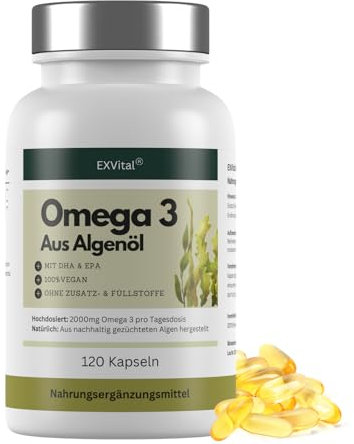 EXVital® Omega 3 aus Algenöl, vegan, 120 Softgel Kapseln, 2000mg Algenöl mit 600 DHA & 300mg EPA pro Tag, aus nachhaltigen Algen gewonnen, hochdosiert & laborgeprüft