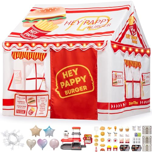 Kids Play Tent, Toddler Tent for Kid Indoor & Outdoor, Playhouse Tent Burger Theme with Complete Toys Set, 123x100x123cm Kids Tents with 3 Window, Lights and Balloons