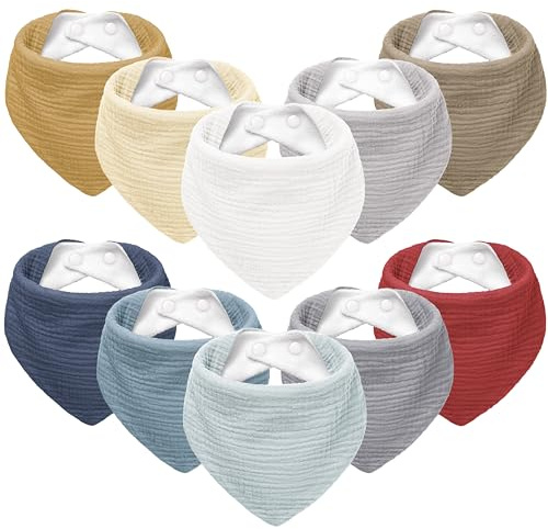 Susurration Muslin Baby Bibs 10Pack Soft Triangular Adjustable Baby Dribble Bandana Bibs with Adjustable Snaps for Unisex Baby Girls & Boys