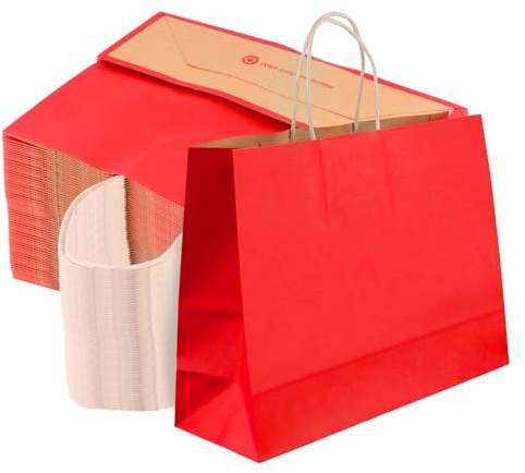 KEILEOHO 30 st. papperspåsar röda 32 x 11 x 24,5 cm, röda kraftpapperspåsar med handtag, 120 gsm papperspåsar stora presentpåsar för shopping, bröllop