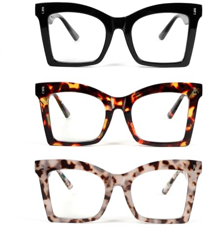 KoKoBin 3 Pack de lunettes de lecture carrées oversize pour femmes avec charnière à ressort anti-lumière bleue Lunettes d'ordinateur (3 Pack, 3.5)