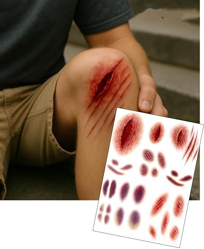 Lot de tatouages temporaires réalistes SFX pour plaies et ecchymoses - 2 feuilles A5 pour film, télévision et théâtre - Coupures, rayures, sang et ecchymoses - Maquillage à effets spéciaux ultra