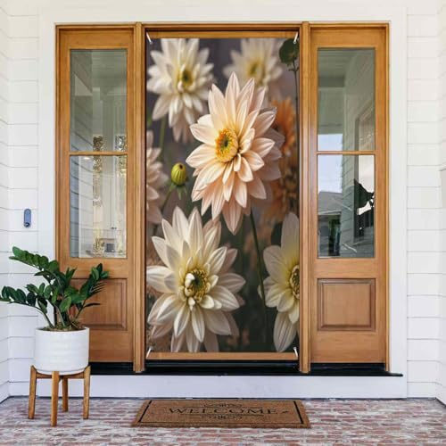 Fundas decorativas para puerta con estampado realista de dalia blanca n.º 18, decoración de pancarta de puerta para interiores y exteriores, primavera, verano, otoño, invierno, Halloween, Navidad