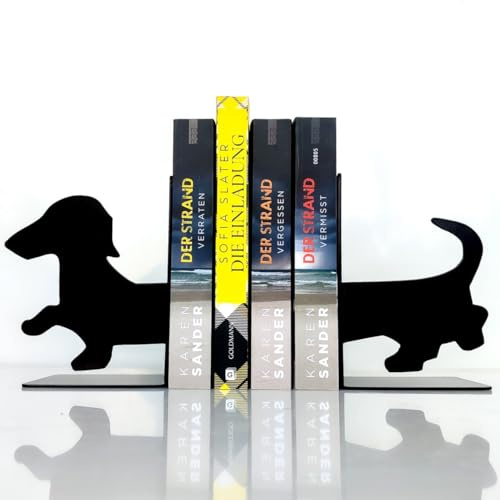 Hund Dackel Buchstütze aus Metall Schwarz – Stabile Design Buchstütze, Buchhalterung, dekorative Regal-Deko, Schreibtisch Deko, Organizer, Hingucker, Hundeliebhaber