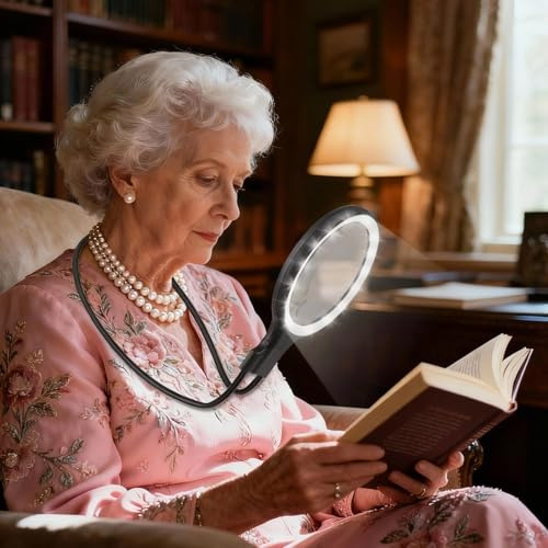 Hands-Free Neckband Magnifier & Magnifying Glass with Light for Seniors – Rechargeable 5X/10X Large 5.3 Lens for Close Work, Reading, Sewing, Cross-Stitching, Crafts