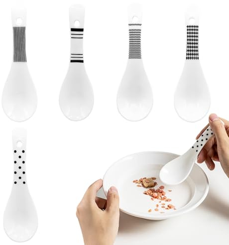 MDJDTUWO 5PCS Asian Soup Spoons Set,5.5 Inch Ceramic Ramen Spoons, Japanese Retro Style Soup Spoons Creative Porcelain Asian Soup Spoons for Ramen Pho Cereal, Wonton Dumpling Miso