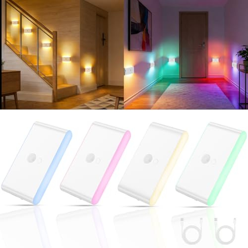 HOTUT Luz Nocturna con Sensor de Movimiento, 4 Piezas LED Luz de Noche Recargable, ON/OFF automático LED, Adsorción Magnética Desmontable, Blanco cálido + color RGB para Escaleras, Pasillo,Baño