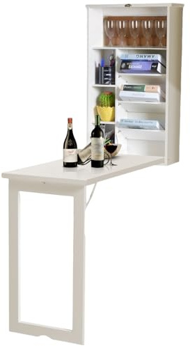 JS Ellie Mesa Plegable con estantes de Almacenamiento, Escritorio Multifuncional de Pared, Adecuada para Sala de Estar, Comedor y Estudio White