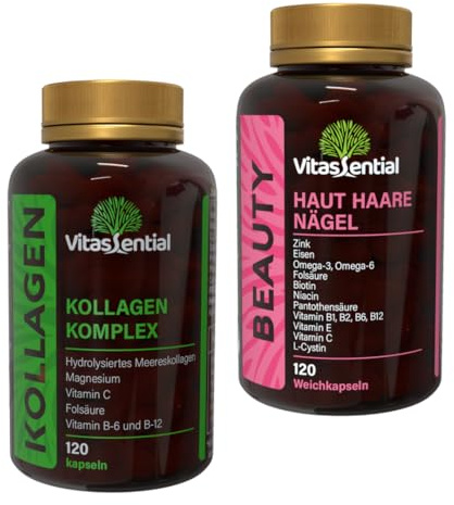 2-in-1 Premium Beauty Kur: Haut Haare Nägel Vitamine & Marine Kollagen Hydrolysat – 240 Kapseln Set – Hochdosiert mit Biotin, Zink, Eisen, Omega-3/6, L-Cystin & Vitamin C – Für Haarwachstum, Anti-Agin