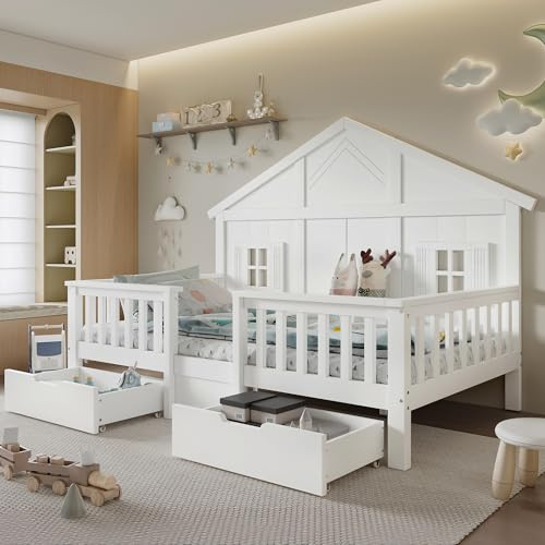 VIVCA Cama de madera, cama individual, cuna, dos cajones grandes con ruedas, con hermosas ventanas y techo, somier de láminas estable, pino + MDF + madera contrachapada, blanco, 90 x 200 cm.