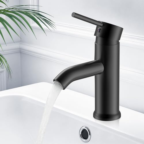 Grifo de baño de acero inoxidable redondo, Grifo lavabo negro mate con 2 Mangueras, Grifo Monomando Lavabo resistentes a los arañazos y a la Corrosión caliente y frío, para Tocadores Lavabos Baño