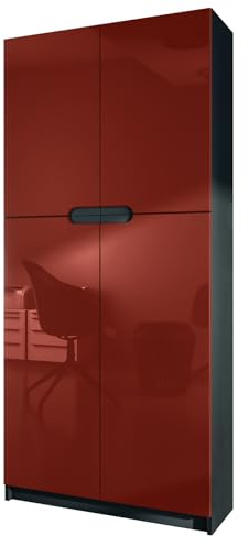 Vladon Büroschrank Logan V1, Made in Germany, Aktenschrank mit 5 Fächern und 4 Türen, Schwarz matt/Bordeaux Hochglanz (82 x 185 x 37 cm)