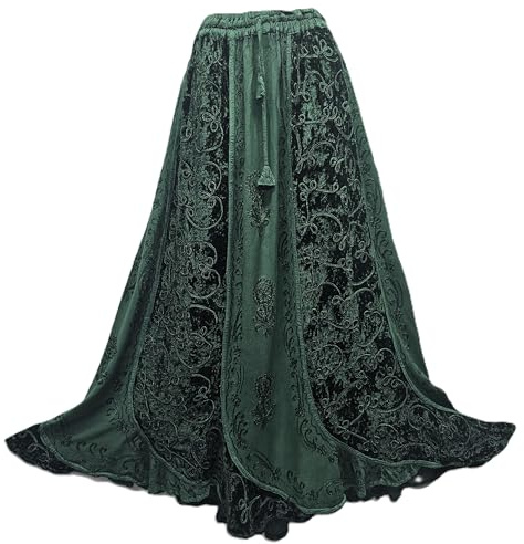 Women Winter Velvet Maxi Skirt Adjustable Waist Embroidered One Size14,16,18,20,22,22/24 Bottle Green