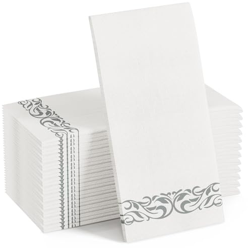 FOCUSLINE 100 Linen Feel Bathroom Napkins, Soft and Absorbent Disposable Guest Towels, Cloth-Like Paper Hand Towels Decorative Napkins for Dinners, Parties, Weddings or Events, Silver, 12 x 17