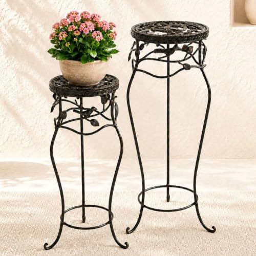 DanDiBo Blumenständer Metall Schwarz /Braun Antik Rund 18215 2er Set 65 cm / 78 cm Pflanzenständer Blumenhocker Beistelltisch Blumensäule Pflanzenhocker