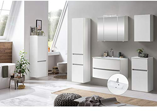 Lomadox Badezimmer Komplett Set mit LED-Aufbauleuchte, Glasbecken weiß in matt weiß, BxHxT: ca. 200x200x49 cm