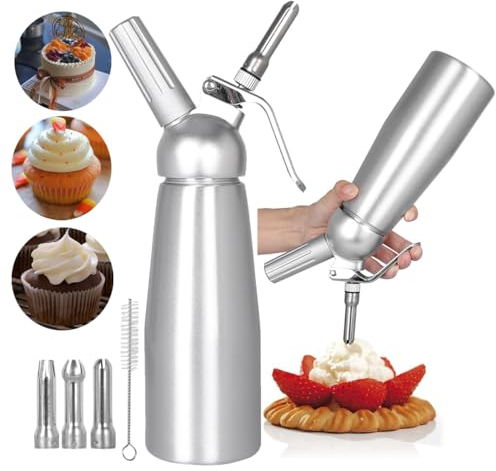 upstartech Sifon Cocina Espumas 500ML, Profesional Dispensador de Nata Sifón Cocina de 3 Boquillas de Acero Inoxidable y 1 Cepillo de Limpieza, Hace Crema Helado y Mucho Más