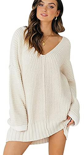 Robe Pull Long Col V Femme Sweater Grosse Maille Pullover Oversize Chandail Tunique Tricot Torsade Ample Large Hiver Pull-Over Tricoté Grande Taille Chaud Blanc S