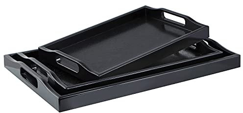 MDLUU Uppsättning av 3 stora serveringsbrickor i plast, ottomansk bricka med utskurna handtag, rektangulär smörbricka för frukost i sängen, soffbord, köksbänk (svart)