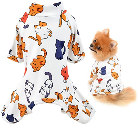 SMALLLEE_LUCKY_STORE Cartoon Dog Pyjamas for Small Dogs, Kittens Print, M | Soft Fleece, Full-Body Fit, Indoor Sleep/Lounging, Hair Control, Chihuahua, Yorkie, Small Breed, Warm Puppy Jumpsuit