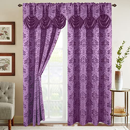 Elegant Comfort Jacquard Look Vorhang-Set mit angenähtem Wasserfall-Volant, (2 Stück), 137 x 213 cm, Flieder/Lila