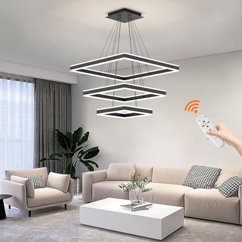 Mikeru LED Esstisch Pendelleuchte, 3-Ring Moderne Quadratischer Kronleuchter, Dimmbar mit Fernbedienung Deckenbeleuchtung, Oberer und unterer beleuchteter Wohnzimmerlampe