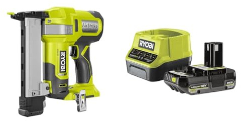 Ryobi - Agrafeuse de finition 18G à air comprimé 18V - agrafes dos 5,5 à 6,1 mm, longueur 10 mm à 38 mm - Livrée avec 500 pointes - 1 batterie 2Ah et 1 chargeur rapide