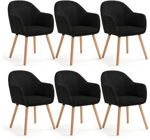 WOLTU Chaises de Salle à Manger Lot de 6, Chaise de Cuisine avec Accoudoirs, Chaise Rembourrée avec Pieds en Bois Massif, en Velours Côtelé, Nior.