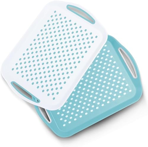 Essen 2-Pack Serving Tray Set – Non-Slip Lap Boards with Grip Handles, Ideal for Food Prep, Tea, Breakfast in Bed – Plastic Tray for Stable Dining – Dishwasher Safe (Blue/White)