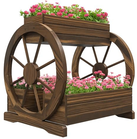Outsunny 2-Tier Raised Garden Bed, Wooden Wagon Planter Boxes with Drainage Holes, for Vegetables Flowers Herbs, 25 x 21 x 24