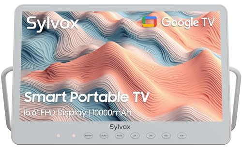 SYLVOX Smart Portable TV, 15.6'' Rechargeable Television 12V 10000mAh Battery Operated TV, IP66 Waterproof, Wireless, Google Assistant, Small Television for Bedroom Bathroom Kitchen Camping