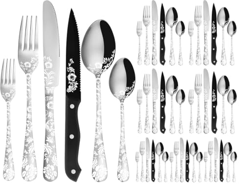XIAOYU Ménagère de Couverts 48 Pièces avec Couteaux à Steak, Ménagère en Acier Inoxydable pour 8 Personnes, Cuillères Fourchettes Ensemble de Couteaux avec Laser Fleur de Pivoine Unique, Argent