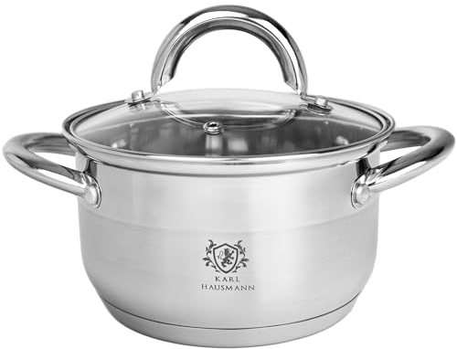 KARL HAUSMANN Pentola Acciaio Inox - 1.6L - 16 cm - Casseruola Induzione con Coperchio Vetro - Pentola Inox 18/0 - Scala Misura - Per Tutti i Fuochi - Pentole Acciaio Inossidabile