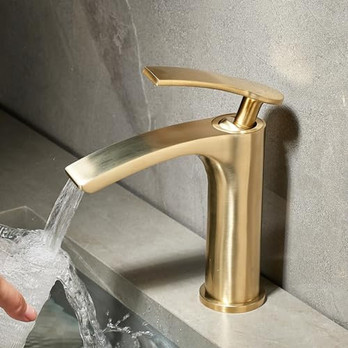 Wasserhahn Badezimmer Wasserfall Wasserhahn Bad, Heiß und Kalt Wasserhahnhahn Waschtischarmaturen Wasserfall Gebürstetes Gold,Niedriger