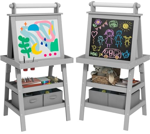 AIYAPLAY Kinder Flipchart 3 in 1 Doppelseitige Kindertafel mit magnetischer Weißwandtafel Kreidetafel - Papierrolle + 2 integrierte Aufbewahrungskörbe - Kind 3-6 Jahre aus Holz grau