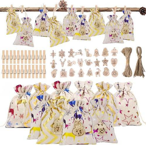 Surflyee 24 Piezas Calendario Adviento para Rellenar, Bolsa de Calendario de Adviento, Calendario Adviento Tela, Relleno Calendario Adviento con Etiquetas de Madera Clips 10 M Cuerda