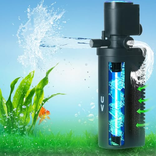 Petit filtre d'aquarium de 158 GPH, stérilisateur UV pour aquarium pour aquarium de 37 à 128 litres, pompe interne pour filtre d'aquarium Turtle Betta, machine à tuer silencieuse 4 en 1 avec filtres