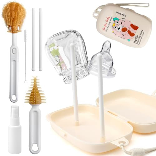 6-in-1 Babyflaschen Reinigungsset Baby Flaschenbürste Set Flaschenreinigungsset mit Silikonbürste Nippelbürste Strohbürste Seifenspender und Trockengestell Aufbewahrungsbox Reise Zuhause Essentials