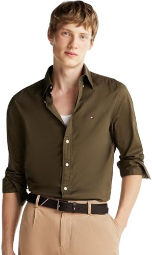 Tommy Hilfiger Uomo Camicia Flex Poplin Solid Regular Fit, Verde (Army Green), L