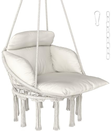 Outsunny Chaise Suspendue avec Grand Coussin rembourré, Fauteuil Suspendu à Franges, kit de Suspension Inclus, hamac Cadre en Acier, Tissage serré, crème