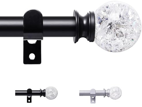 Tringle à rideaux extensible 67-227 cm, Tringles à rideaux noires ajustables pour rideaux à œillets, 16 mm de diamètre, Tringle décorative réglable avec supports et embouts ronds en cristal